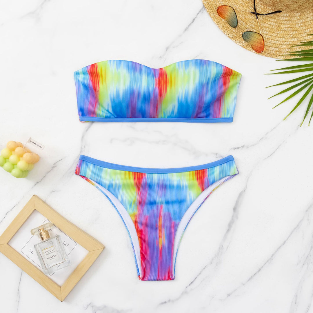 Damen Sportlicher Bikini mit buntem Wellenmuster R&B