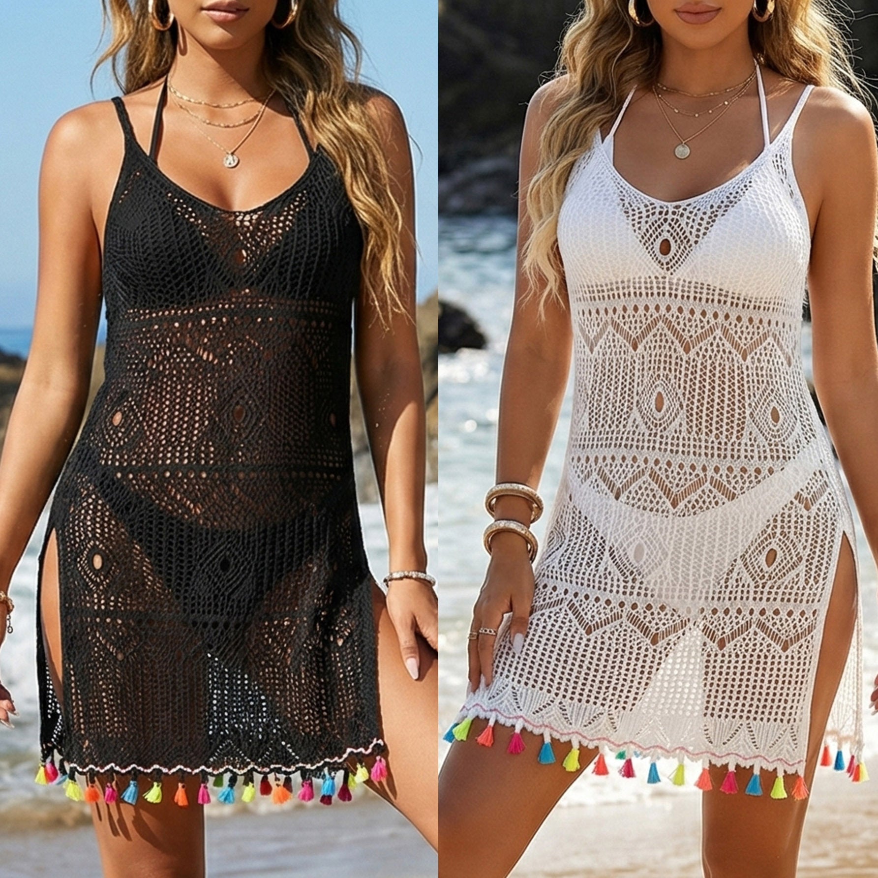 Damen Häkel-Strandkleid mit bunten Quasten R&B