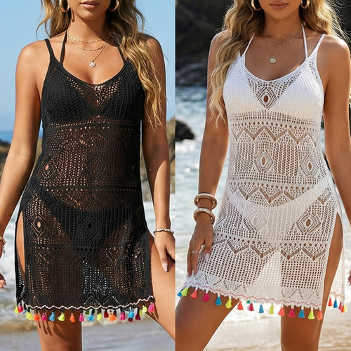 Damen Häkel-Strandkleid mit bunten Quasten R&B