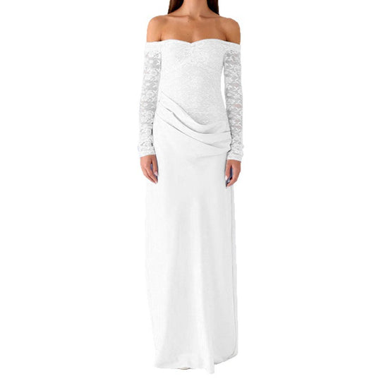 Damen Elegantes Hochzeitskleid mit schulterfreiem Ausschnitt und Spitzenärmeln R&B