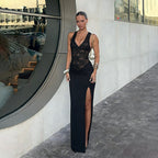 Damen Elegantes Maxikleid mit transparentem Spitzenoberteil und raffiniertem Schlitz R&B