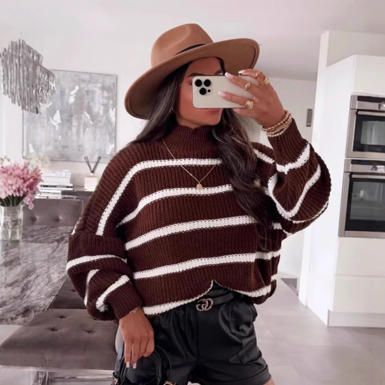 Damen gestreifter Oversized-Pullover mit modischem Rollkragen R&B