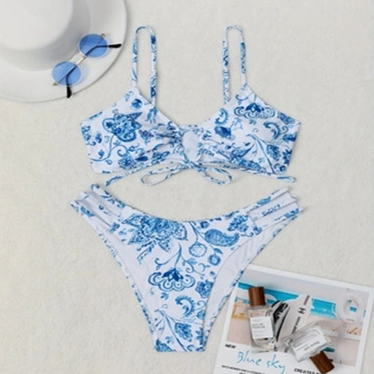 Damen Bikini-Set mit floralem Wickeldetail und hochgeschnittenem Slip R&B