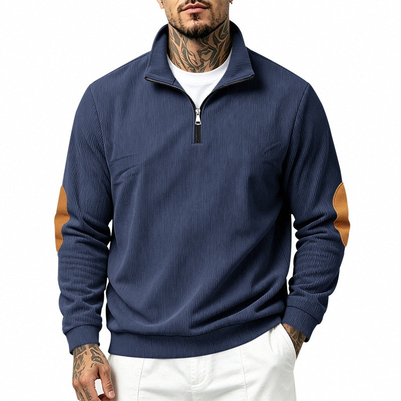 Herren nan Halbzip-Sweatshirt mit Stehkragen, feiner Waffelstruktur und Lederoptik-Ellenbogenpatchs R&B