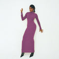 Damen Langarm Maxikleid mit elegantem Stehkragen und figurbetontem Schnitt EB