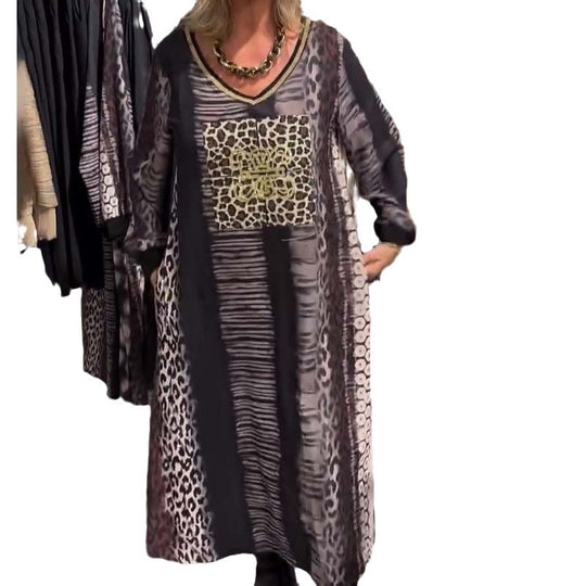 Damen nan fließendes Paneel-Longdress mit Patchwork-Animalprint und goldfarbener Brustapplikation R&B