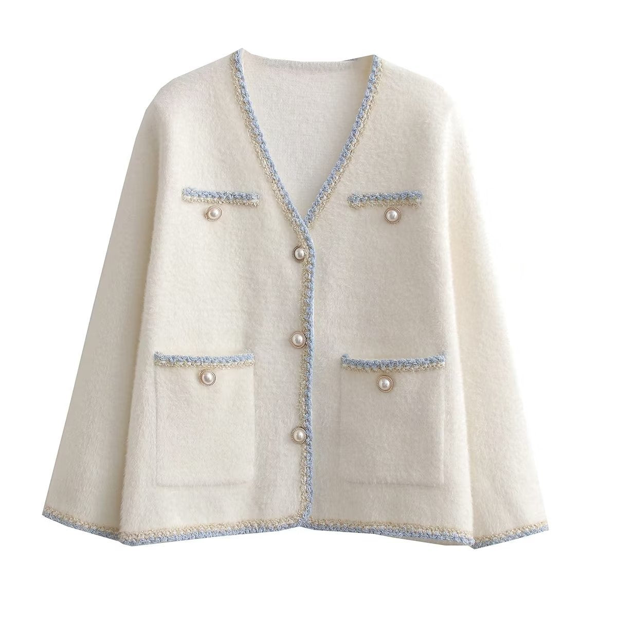 Damen elegante Strickjacke mit dekorativen Perlenknöpfen und praktischen Taschen R&B