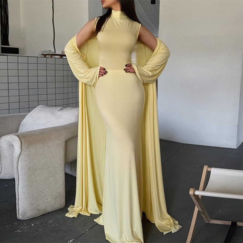 Damen elegantes Maxikleid mit weitem Cape und langen Ärmeln R&B