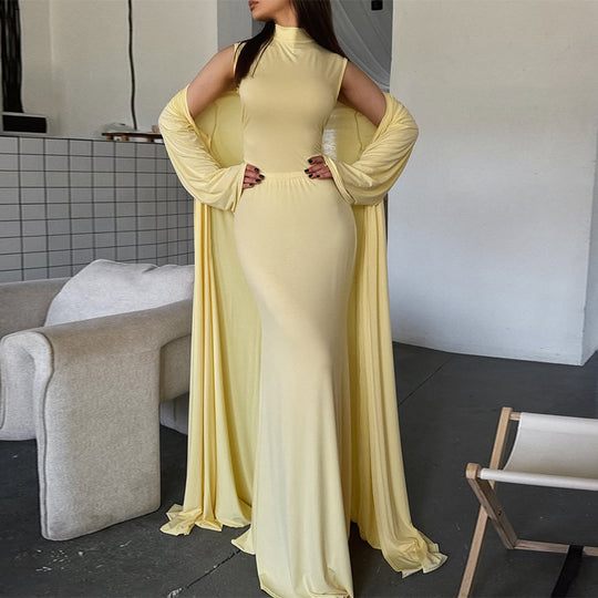 Damen elegantes Maxikleid mit weitem Cape und langen Ärmeln R&B