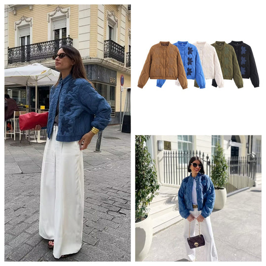 Damen gesteppte Jacke mit floralem Design und elastischen Bündchen R&B