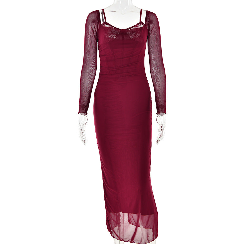 Damen Elegantes Maxikleid mit transparenten Ärmeln R&B