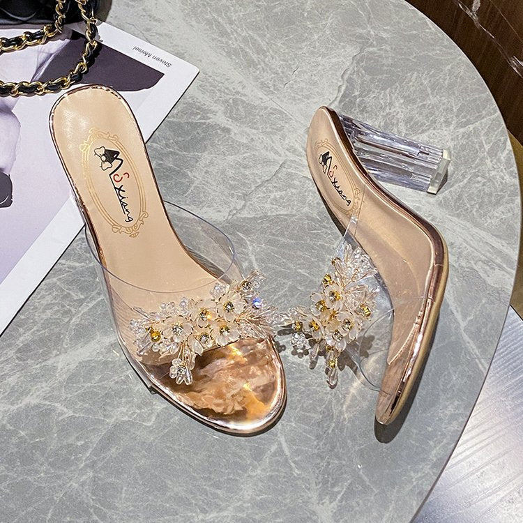 Damen elegante und durchsichtige Mules mit floralem Schmuckdetail R&B