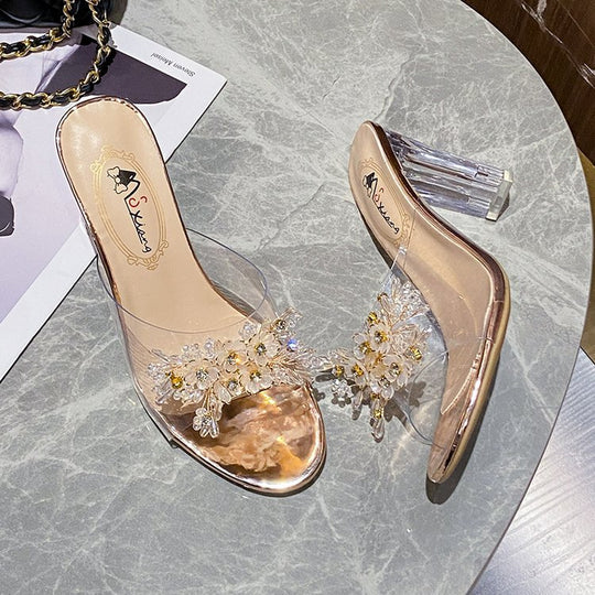 Damen elegante und durchsichtige Mules mit floralem Schmuckdetail R&B