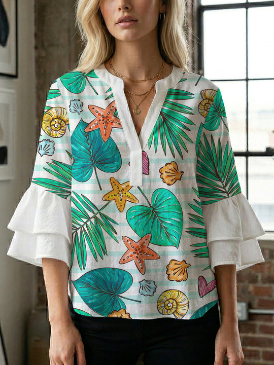 Damen Bluse mit voluminösen Rüschenärmeln und modernem Motiv R&B