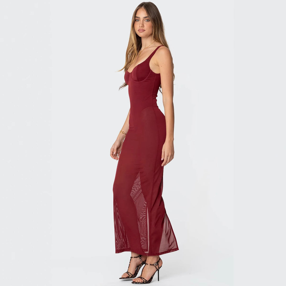 Damen Maxikleid mit figurbetonendem Schnitt und transparenten Einsätzen R&B