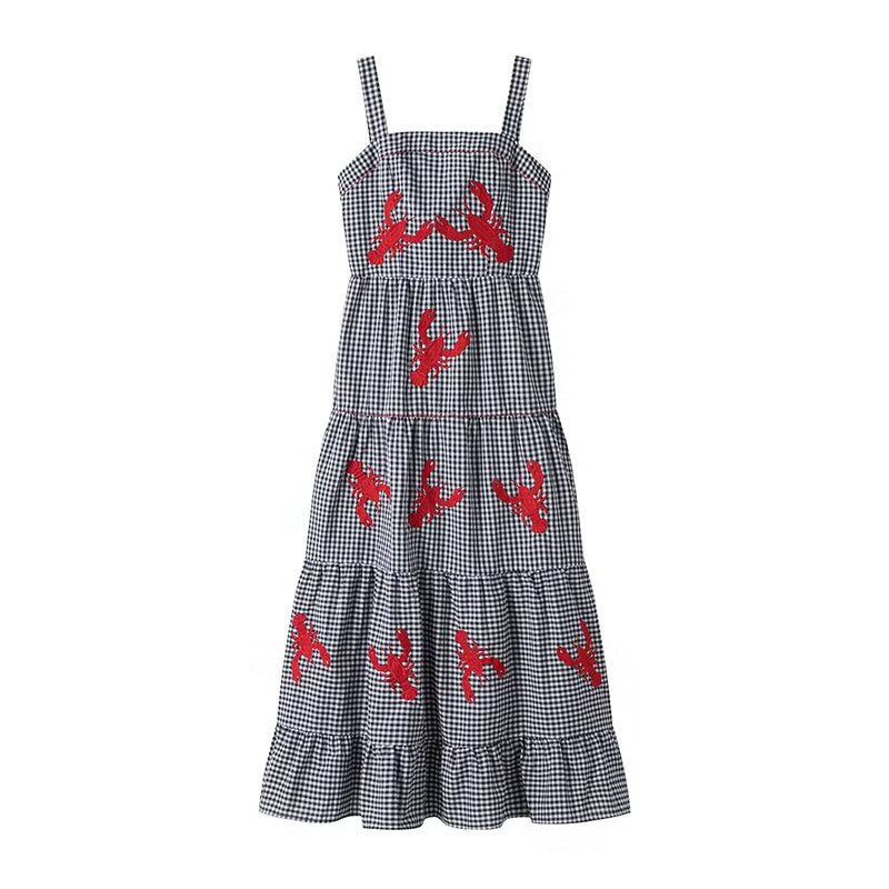 Damen Maxikleid mit Karo-Muster und lebhaften gestickten Krabbenmotiven R&B