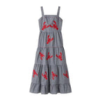 Damen Maxikleid mit Karo-Muster und lR&Bhaften gestickten Krabbenmotiven R&B