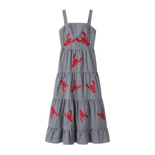 Damen Maxikleid mit Karo-Muster und lebhaften gestickten Krabbenmotiven R&B