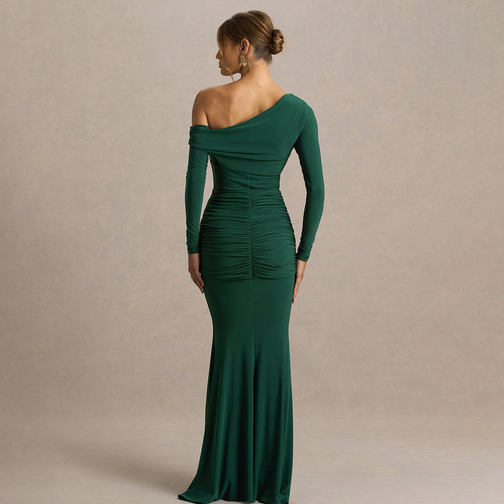 Damen figurbetontes Maxikleid mit asymmetrischem Design und Faltenwurf R&B
