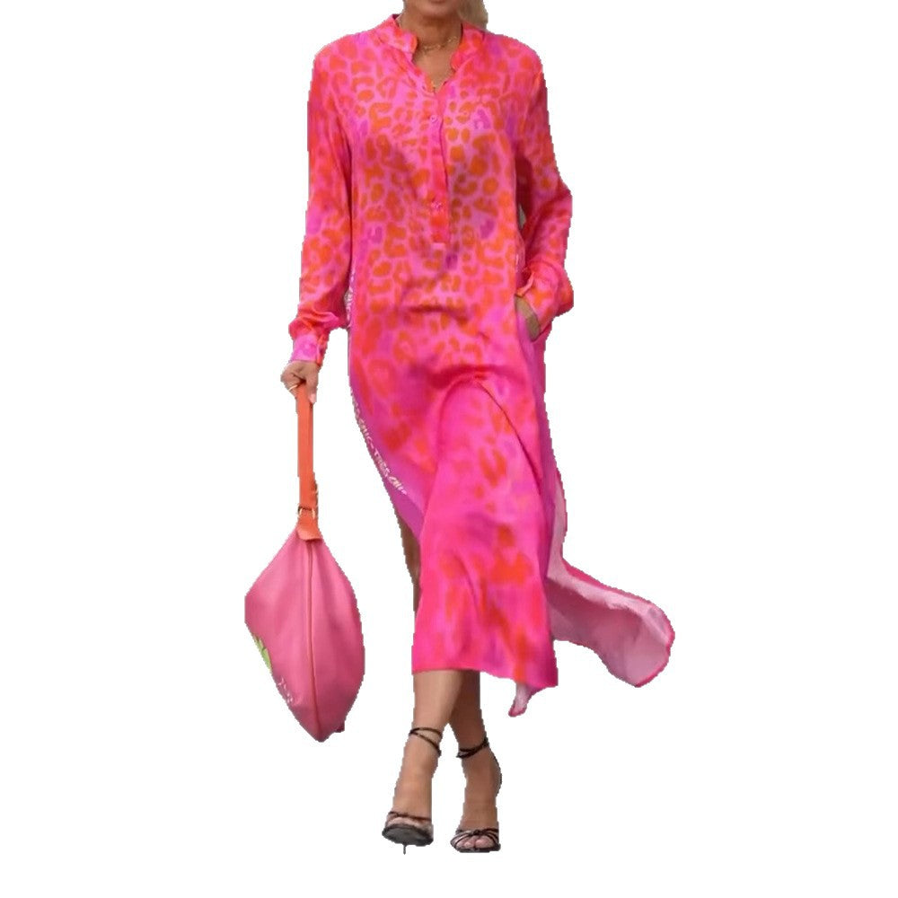 Damen Maxikleid mit lässiger Knopfleiste und animalischen Mustern Heidi-Mode