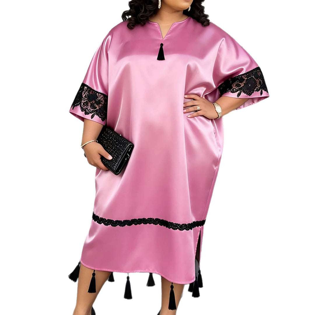 Damen Elegante Satin-Kaftanrobe mit Spitzenakzenten R&B