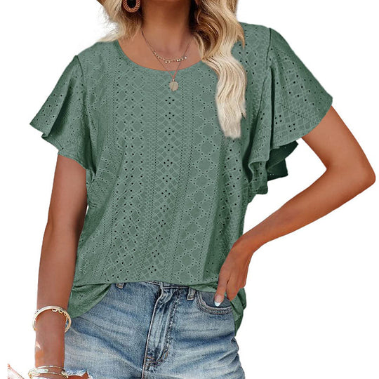 Damen Kurzärmlige Bluse mit Rüschendetails und Lochmuster R&B