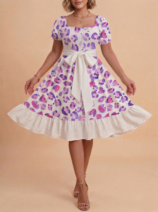 Damen Sommerliches Blumenkleid mit taillierbarem Gürtel und voluminösen Ärmeln R&B