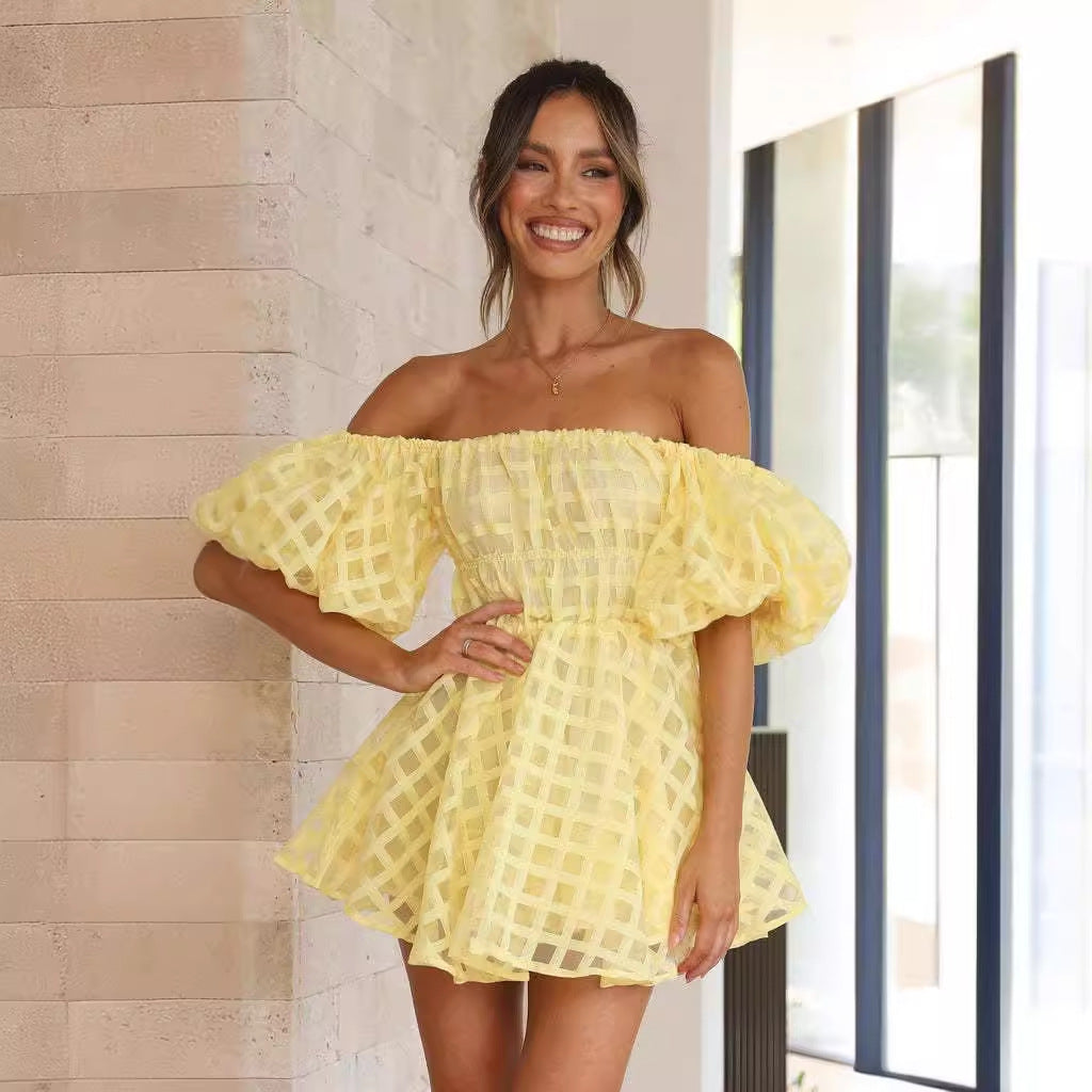 Damen Sommerliches Minikleid mit weiten Puffärmeln und Off-Shoulder-Ausschnitt R&B