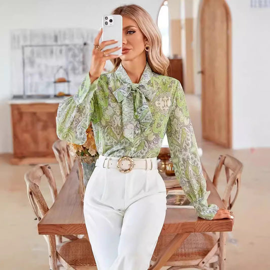 Damen Bluse mit Schleifenkragen und floralem Muster R&B