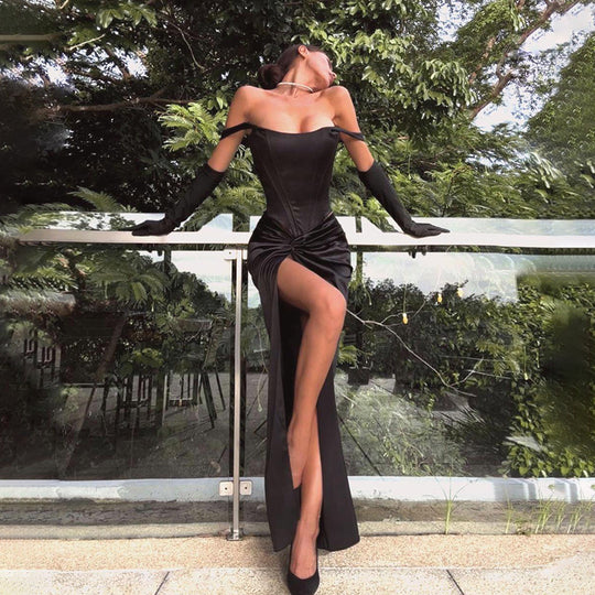 Damen Elegantes Abendkleid mit schulterfreiem Schnitt und hohem Schlitz R&B