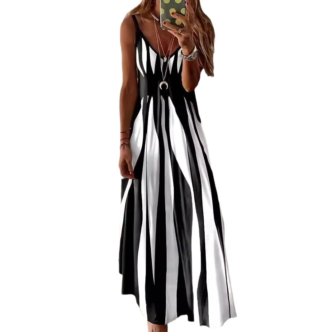 Damen Maxikleid mit raffiniertem Streifenmuster und tiefem V-Ausschnitt R&B