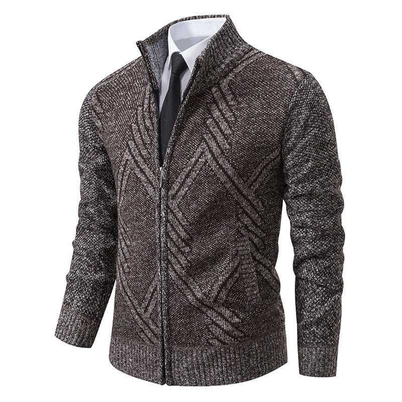 Herren elegante Strickjacke mit strukturiertem Zopfmuster und hochschließendem Kragen R&B