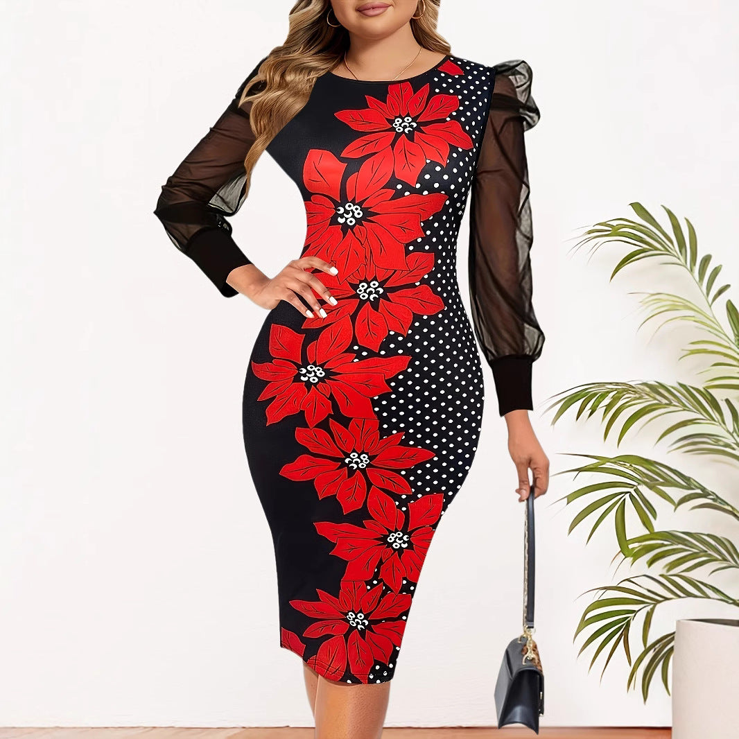 Damen Elegantes Kleid mit transparenten Ärmeln und floralem Schmetterlingsdruck R&B