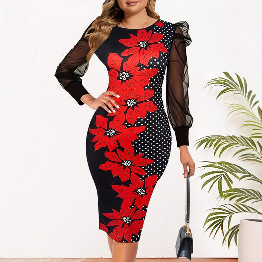 Damen Elegantes Kleid mit transparenten Ärmeln und floralem Schmetterlingsdruck R&B