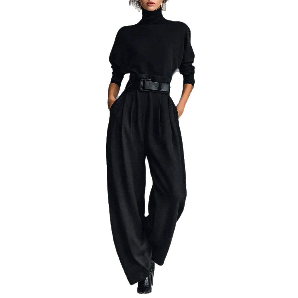 Damen nan elegante hochgeschnittene Plisseehose mit weitem Bein und Rollkragen-Feinstricktop R&B