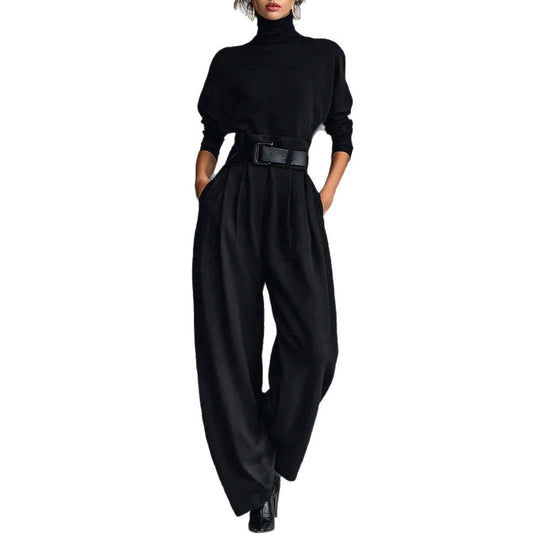 Damen nan elegante hochgeschnittene Plisseehose mit weitem Bein und Rollkragen-Feinstricktop R&B