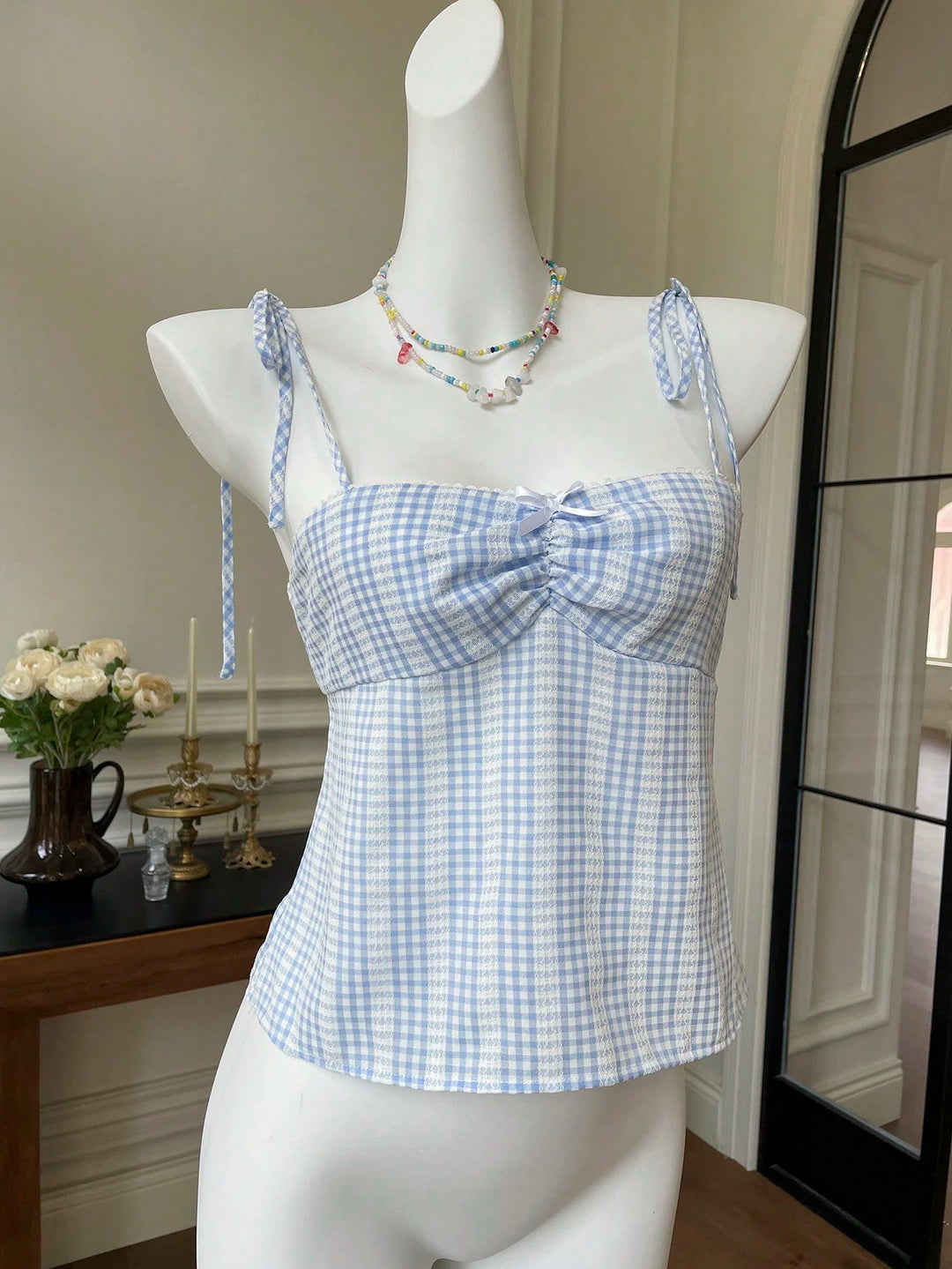 Damen Crop-Top mit verspielt gebundenen Trägern und Karomuster R&B