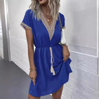 Damen Freizeitkleid mit dekorativem V-Ausschnitt und Taillenbindung R&B