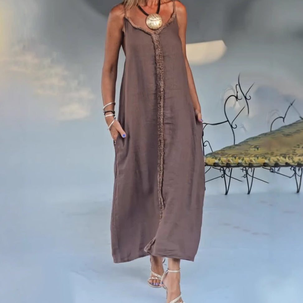 Damen nan luftiges Leinenoptik-Maxi-Trägerkleid mit fransiger Mittelnaht und Eingrifftaschen R&B