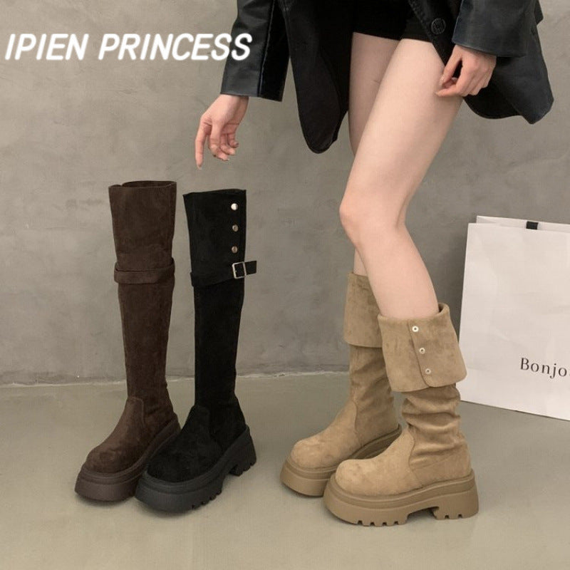 Damen Elegante Overknee-Stiefel mit modischem Riemen und Knopfdetails R&B