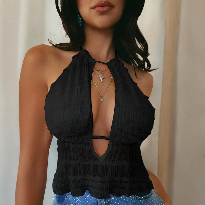 Damen Halter-Top mit tiefem Ausschnitt und Rüschendetails R&B