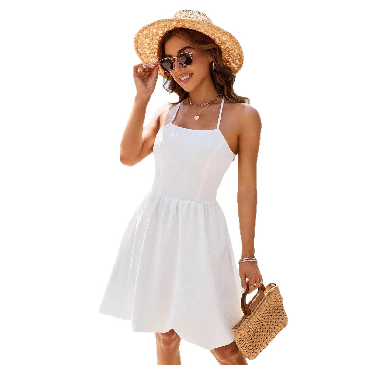 Damen sommerliches Strandkleid mit schulterfreiem Design und elegantem Rock R&B