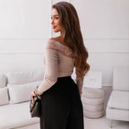 Damen Off-Shoulder Top mit Spitzenbesatz und langem Arm R&B