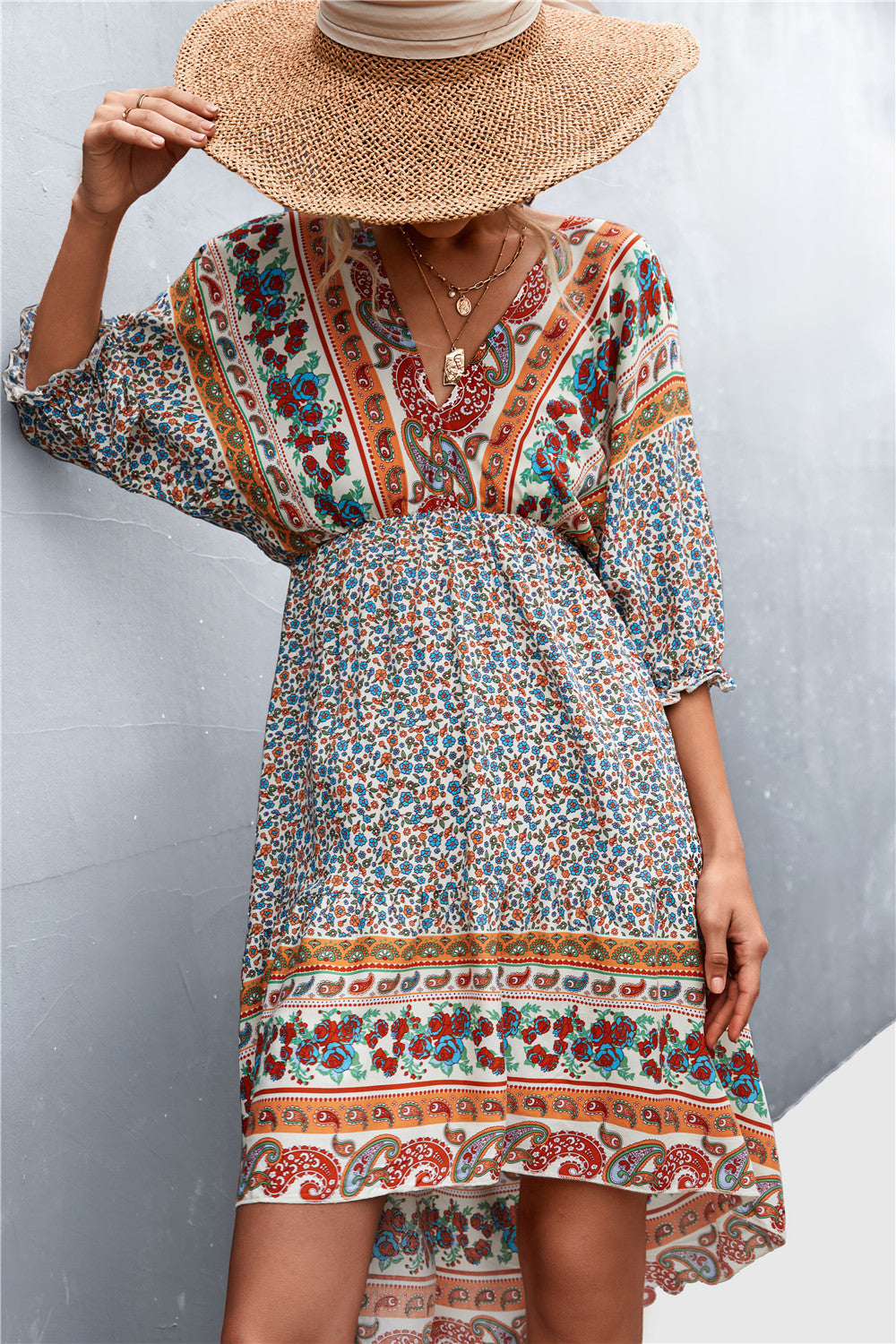 Damen Langarmkleid mit boho-inspiriertem Druck und elastischem Bund R&B
