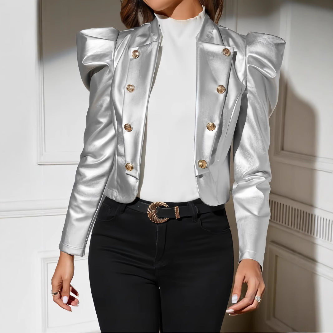 Damen Modische Kunstlederjacke mit puffärmeligen Details und goldenen Knöpfen R&B