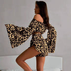 Damen Offshoulder Crop-Top mit weitem Arm und Leopardenmuster R&B