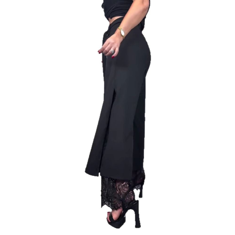 Damen nan taillierte hochgeschnittene Hose mit seitlichem Schlitz, transparenter Spitzen-Unterlage und Bindegürtel R&B