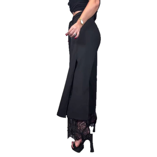 Damen nan taillierte hochgeschnittene Hose mit seitlichem Schlitz, transparenter Spitzen-Unterlage und Bindegürtel R&B