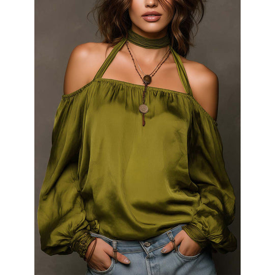 Damen Off-Shoulder Bluse mit voluminösen Ärmeln und Choker R&B
