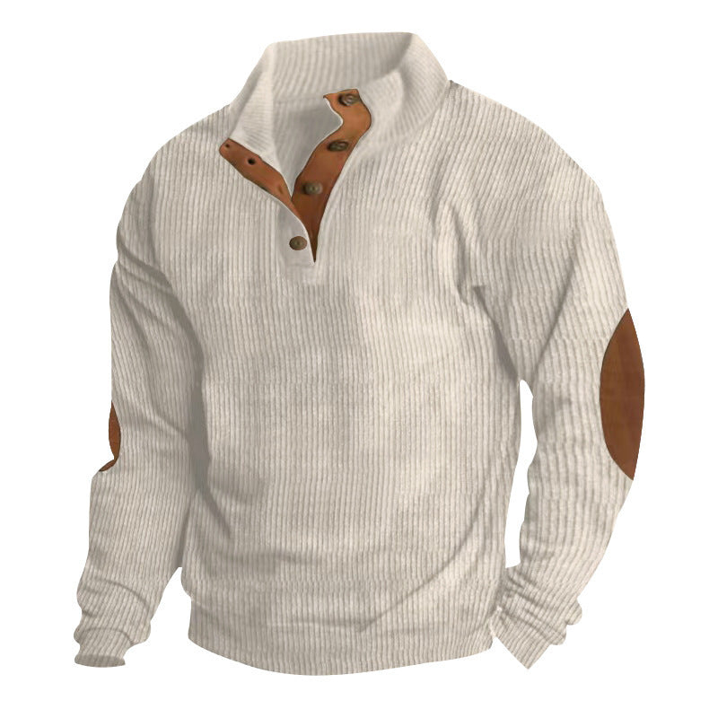 Herren nan grobgestrickter Pullover mit Stehkragen, Knopfleiste und Kunstleder-Ellbogenpatches R&B